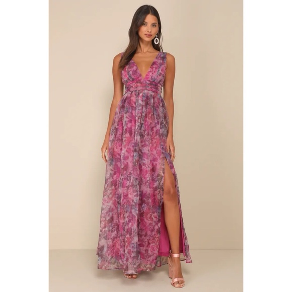 Lulus Dresses & Skirts - Lulus Garden Romance Magenta Floral Print Organza Maxi Dress Cocktail Evening